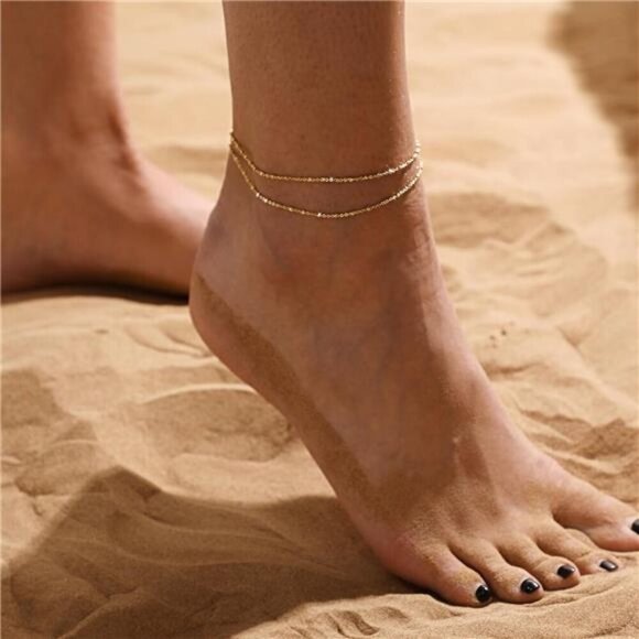 Gold Silver Anklet Set for Women Layered Waterproof Heart Beads Chain - Picture 3 of 7